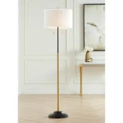 Possini Euro Design Roxie Modern Floor Lamp Standing 65 1/2" Tall Brass Black Metal Sheer Linen Double Drum Shade For Living Room Bedroom Office House