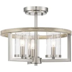 Possini Euro Design Senna Modern Industrial Ceiling Light Semi Flush Mount Fixture 15" Wide Brushed Nickel Gray Wood 3-Light Clear Glass For Bedroom -Possini Euro Design GUEST 08dd1794 0813 479b a383 aeb04b0df2ca