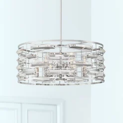 Possini Euro Design Smart Polished Nickel Chandelier 20" Wide Modern Drum Clear Crystal 6-Light Fixture For Dining Room House Foyer Kitchen Island