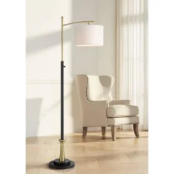 Possini Euro Design Modern Downbridge Floor Lamp 64" Tall Black Brass Metal Linen Drum Shade For Living Room Reading Bedroom Home
