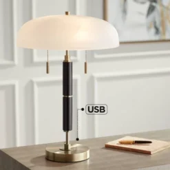 Possini Euro Design Possini Euro® Wyndham Desk Lamp With Glass Shade And Dual USB Ports