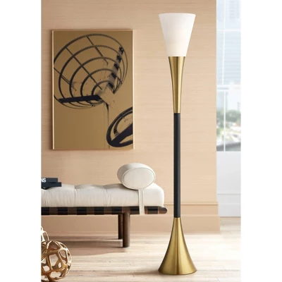 Possini Euro Design Modern Glam Style Torchiere Floor Lamp 72.5" Tall Black Antique Brass Metal White Glass Shade Living Room Reading Uplight 3 Possini Euro Design Modern Glam Style Torchiere Floor Lamp 72.5" Tall Black Antique Brass Metal White Glass Shade Living Room Reading Uplight