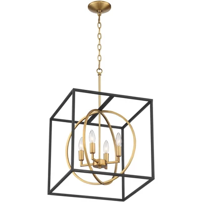 Possini Euro Design Black Warm Brass Cage Foyer Pendant Chandelier 16 1/2" Wide 4-Light Mid Century Modern For Dining Room House 6 Possini Euro Design Black Warm Brass Cage Foyer Pendant Chandelier 16 1/2" Wide 4-Light Mid Century Modern For Dining Room House - Image 4