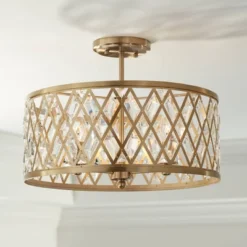 Possini Euro Design Tanz Modern Ceiling Light Semi Flush Mount Fixture 16 1/2" Wide Satin Brass 3-Light Clear Glass Crystal For Bedroom Kitchen House