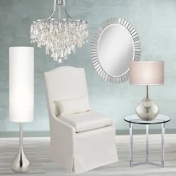 Possini Euro Design Mid Century Modern Floor Lamp 62" Tall Brushed Steel Droplet Cotton Cylinder Shade For Living Room Bedroom Office -Possini Euro Design GUEST 41e75700 84c1 457d bcd2 48ca99141f71