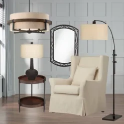 Possini Euro Design Bronze Wood Finish Pendant Chandelier 22" Wide Rustic Farmhouse Tan Fabric Drum 4-Light Fixture For Dining Room House -Possini Euro Design GUEST 4b7f12c2 a52a 4dfc 9a0a 61f026f23a93