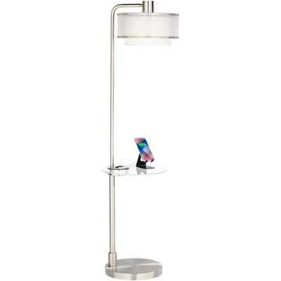 Possini Euro Design Vogue Modern Floor Lamp With Tray Table 60" Tall Brushed Nickel USB Charging Port Organza Outer White Inner Shade For Living Room 4 Possini Euro Design Vogue Modern Floor Lamp With Tray Table 60" Tall Brushed Nickel USB Charging Port Organza Outer White Inner Shade For Living Room - Image 2