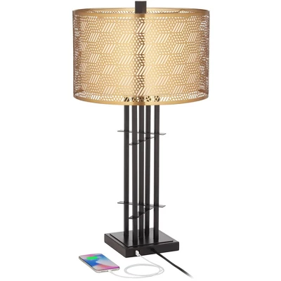 Possini Euro Design Deborah Modern Mid Century Table Lamp 30" Tall Black With USB Charging Port Gold Metal Double Drum Shades For Living Room Desk 4 Possini Euro Design Deborah Modern Mid Century Table Lamp 30" Tall Black With USB Charging Port Gold Metal Double Drum Shades For Living Room Desk - Image 2