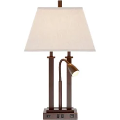 Possini Euro Design Deacon Modern Desk Table Lamp 26" High Bronze With USB And AC Power Outlet In Base LED Reading Light Oatmeal Shade For Office Desk -Possini Euro Design GUEST 5b72b1a5 d996 4460 862b 019398428f13