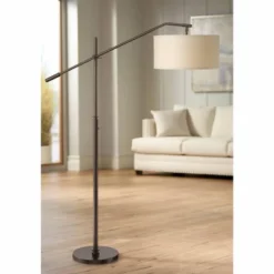 Possini Euro Design Industrial Floor Lamp Adjustable Arm 62.5" Tall Oiled Bronze Metal Light Brown Linen Drum Shade For Living Room Reading