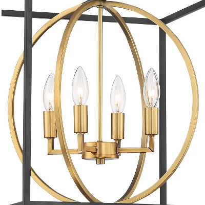 Possini Euro Design Black Warm Brass Cage Foyer Pendant Chandelier 16 1/2" Wide 4-Light Mid Century Modern For Dining Room House 4 Possini Euro Design Black Warm Brass Cage Foyer Pendant Chandelier 16 1/2" Wide 4-Light Mid Century Modern For Dining Room House - Image 2