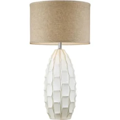 Possini Euro Design Cosgrove Modern Mid Century Table Lamp 32 3/4" Tall White Glazed Ceramic Beige Fabric Drum Shade For Bedroom Living Room Bedside -Possini Euro Design GUEST 87b80e2d 8cd2 4d8b aa40 8cddab0699a1