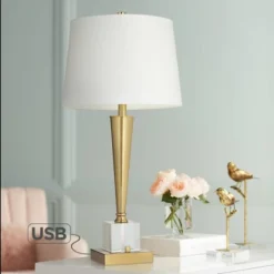 Possini Euro Design Wayne Modern Table Lamps 29 1/4" Tall Set Of 2 Brass With USB Charging Port White Fabric Drum Shade For Bedroom Living Room Kids -Possini Euro Design GUEST 9c4acf03 a683 4634 bef1 93c120513c08