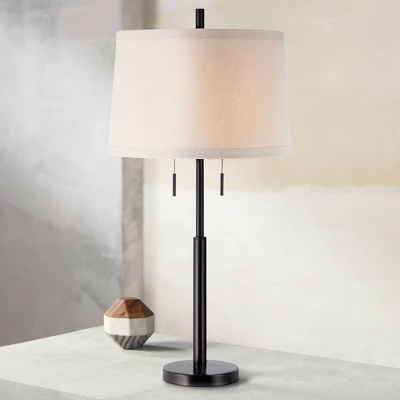 Possini Euro Design Rustic Farmhouse Table Lamp 33" Tall Dark Bronze Metal Off White Burlap Fabric Drum Shade For Bedroom Living Room House Bedside 3 Possini Euro Design Rustic Farmhouse Table Lamp 33" Tall Dark Bronze Metal Off White Burlap Fabric Drum Shade For Bedroom Living Room House Bedside