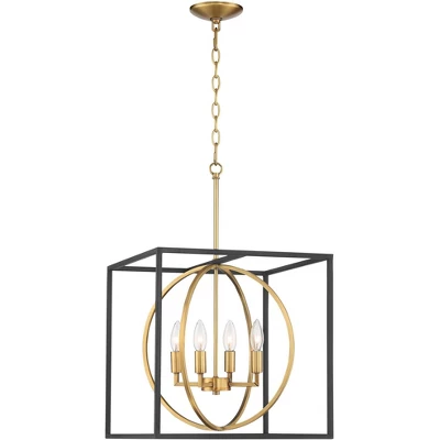 Possini Euro Design Black Warm Brass Cage Foyer Pendant Chandelier 16 1/2" Wide 4-Light Mid Century Modern For Dining Room House 5 Possini Euro Design Black Warm Brass Cage Foyer Pendant Chandelier 16 1/2" Wide 4-Light Mid Century Modern For Dining Room House - Image 3