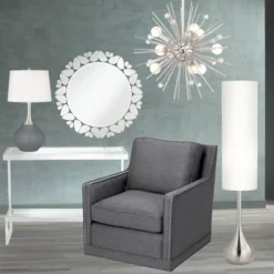 Possini Euro Design Mid Century Modern Floor Lamp 62" Tall Brushed Steel Droplet Cotton Cylinder Shade For Living Room Bedroom Office -Possini Euro Design GUEST baf66e3a 0551 49f3 a874 28edb3e207cb