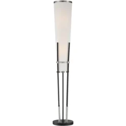 Possini Euro Design Flute Modern Torchiere Floor Lamp 64" Tall Satin Black Brushed Nickel White Linen Shade For Living Room Bedroom Office House Home -Possini Euro Design GUEST c56dd1f3 c98f 40da 9933 1867b845c526