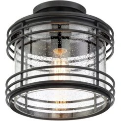 Possini Euro Design Modern Semi Flush Mount Outdoor Ceiling Light Fixture Black Geometric 11" Clear Seedy Glass For Exterior House Porch Patio Deck -Possini Euro Design GUEST cb8c1411 a795 4f98 aa4e 939519680ea3
