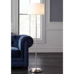 Possini Euro Design Simplicity Modern Floor Lamp 59" Tall Brushed Nickel Silver Off White Tapered Drum Shade For Living Room Bedroom Office House Home