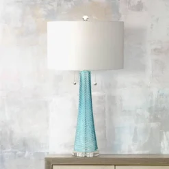 Possini Euro Design Modern Table Lamps 28.5" Tall Set Of 2 Light Sky Blue Fluted Glass White Drum Shade For Living Room Bedroom Office Family -Possini Euro Design GUEST cc70cf51 11c5 4293 86bb 9a8e958c559e