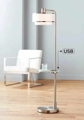 Possini Euro Design Vogue Modern Floor Lamp With Tray Table 60" Tall Brushed Nickel USB Charging Port Organza Outer White Inner Shade For Living Room 3 Possini Euro Design Vogue Modern Floor Lamp With Tray Table 60" Tall Brushed Nickel USB Charging Port Organza Outer White Inner Shade For Living Room