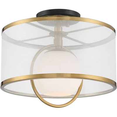 Possini Euro Design Carlyn Modern Art Deco Ceiling Light Semi Flush Mount Fixture 14" Wide Warm Brass Black Orb Organza Drum Shade For Bedroom Kitchen 7 Possini Euro Design Carlyn Modern Art Deco Ceiling Light Semi Flush Mount Fixture 14" Wide Warm Brass Black Orb Organza Drum Shade For Bedroom Kitchen - Image 5