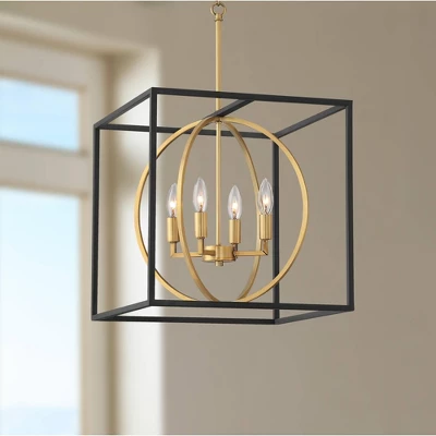 Possini Euro Design Black Warm Brass Cage Foyer Pendant Chandelier 16 1/2" Wide 4-Light Mid Century Modern For Dining Room House 3 Possini Euro Design Black Warm Brass Cage Foyer Pendant Chandelier 16 1/2" Wide 4-Light Mid Century Modern For Dining Room House